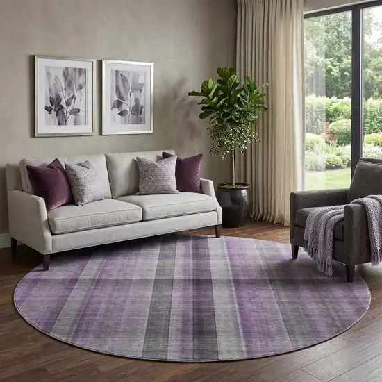 8' Purple And Gray Plaid Washable Round Rug With UV Protection Photo 1