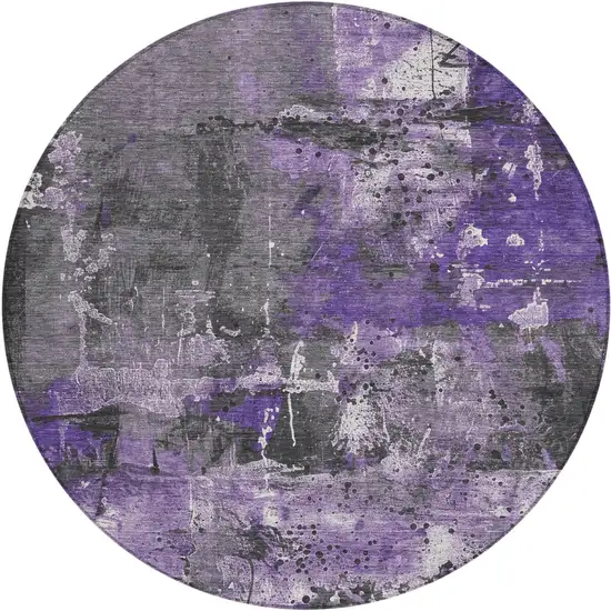 8' Purple And Gray Round Abstract Washable Indoor Outdoor Area Rug Photo 1