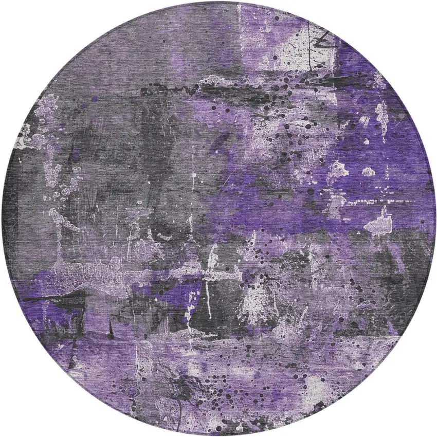 8' Purple And Gray Round Abstract Washable Indoor Outdoor Area Rug Photo 1