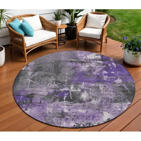 8' Purple And Gray Round Abstract Washable Indoor Outdoor Area Rug Photo 2