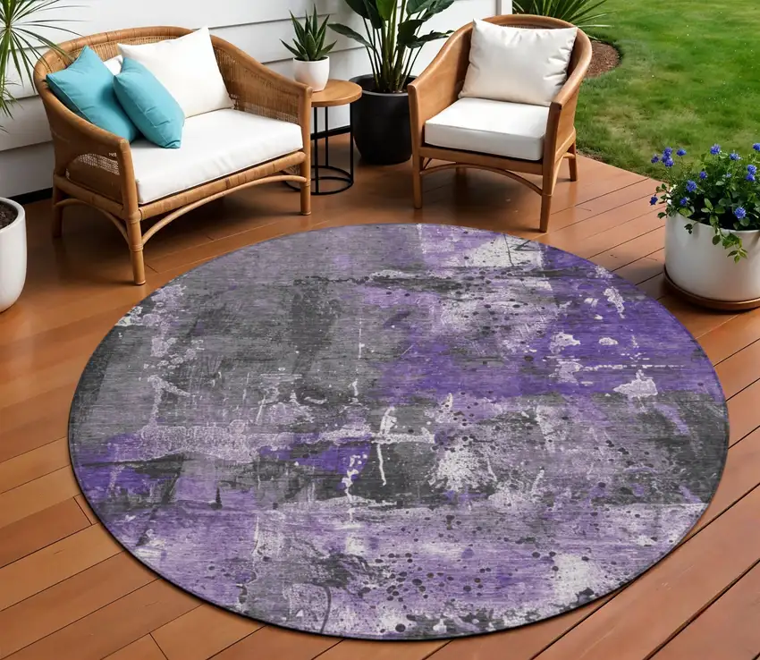 8' Purple And Gray Round Abstract Washable Indoor Outdoor Area Rug Photo 2