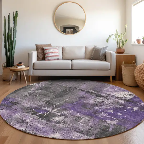 8' Purple And Gray Round Abstract Washable Indoor Outdoor Area Rug Photo 6
