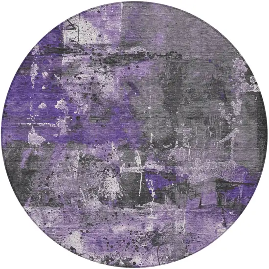 8' Purple And Gray Round Abstract Washable Indoor Outdoor Area Rug Photo 3