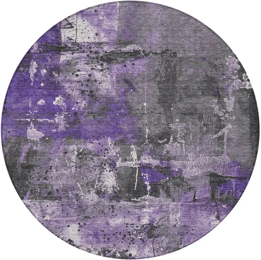 8' Purple And Gray Round Abstract Washable Indoor Outdoor Area Rug Photo 3