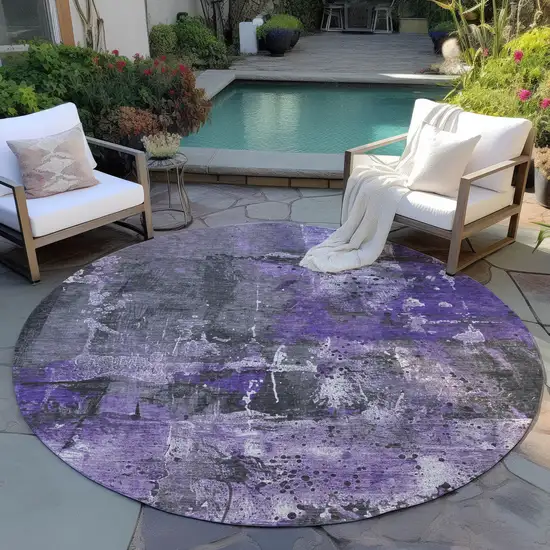 8' Purple And Gray Round Abstract Washable Indoor Outdoor Area Rug Photo 5