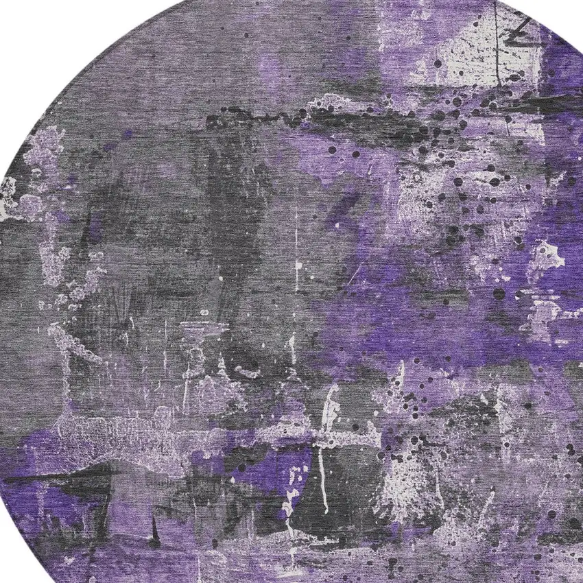 8' Purple And Gray Round Abstract Washable Indoor Outdoor Area Rug Photo 8