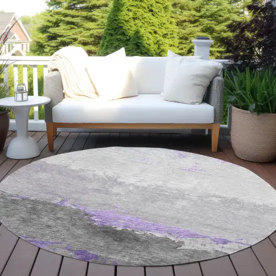 8' Purple And Gray Round Abstract Washable Indoor Outdoor Area Rug Photo 5