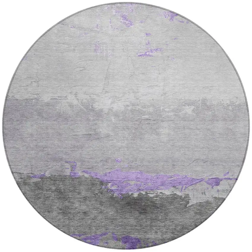 8' Purple And Gray Round Abstract Washable Indoor Outdoor Area Rug Photo 3