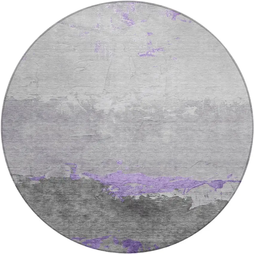 8' Purple And Gray Round Abstract Washable Indoor Outdoor Area Rug Photo 1