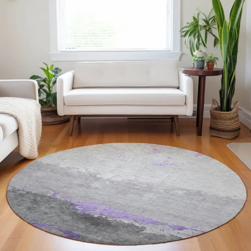 8' Purple And Gray Round Abstract Washable Indoor Outdoor Area Rug Photo 6
