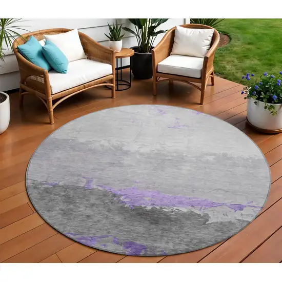 8' Purple And Gray Round Abstract Washable Indoor Outdoor Area Rug Photo 2