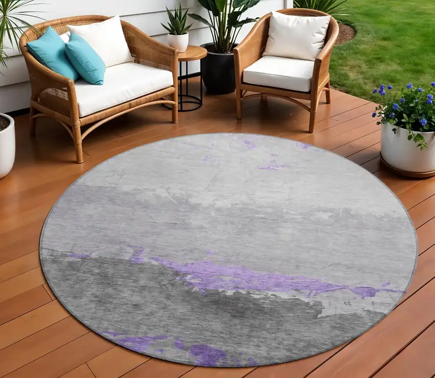 8' Purple And Gray Round Abstract Washable Indoor Outdoor Area Rug Photo 2