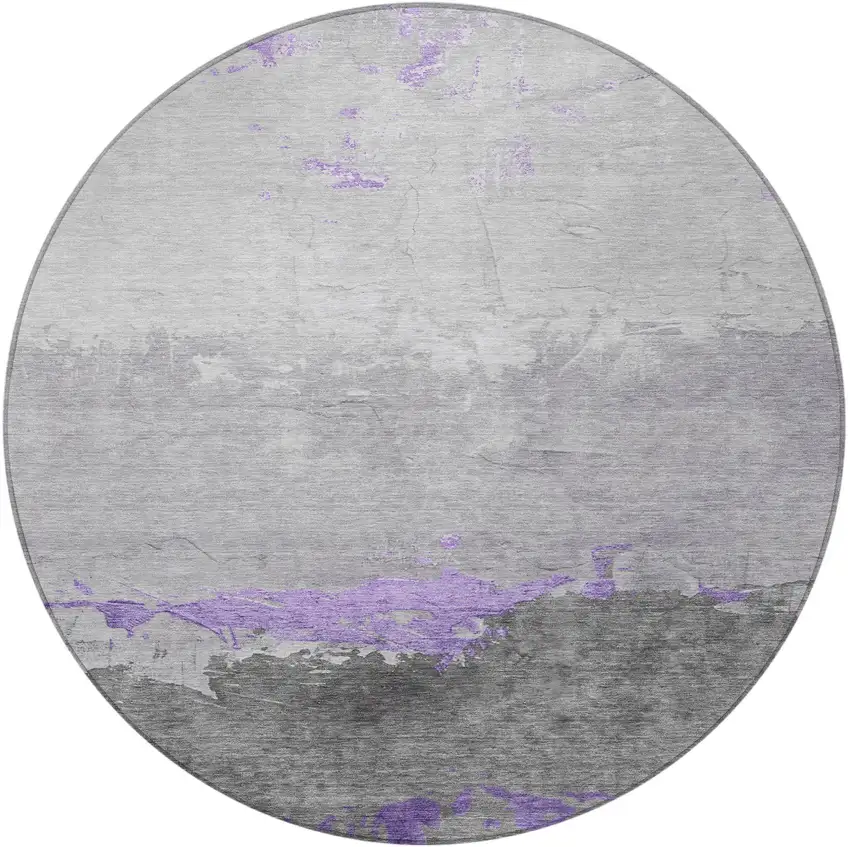 8' Purple And Gray Round Abstract Washable Indoor Outdoor Area Rug Photo 4