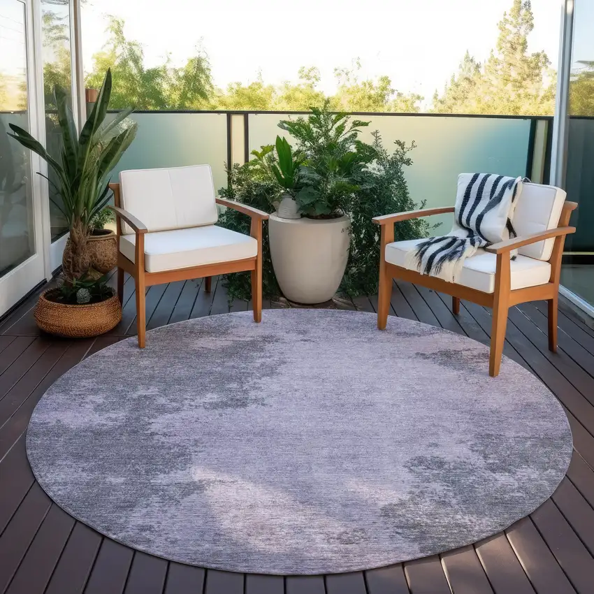 8' Purple And Gray Round Abstract Washable Indoor Outdoor Area Rug Photo 5