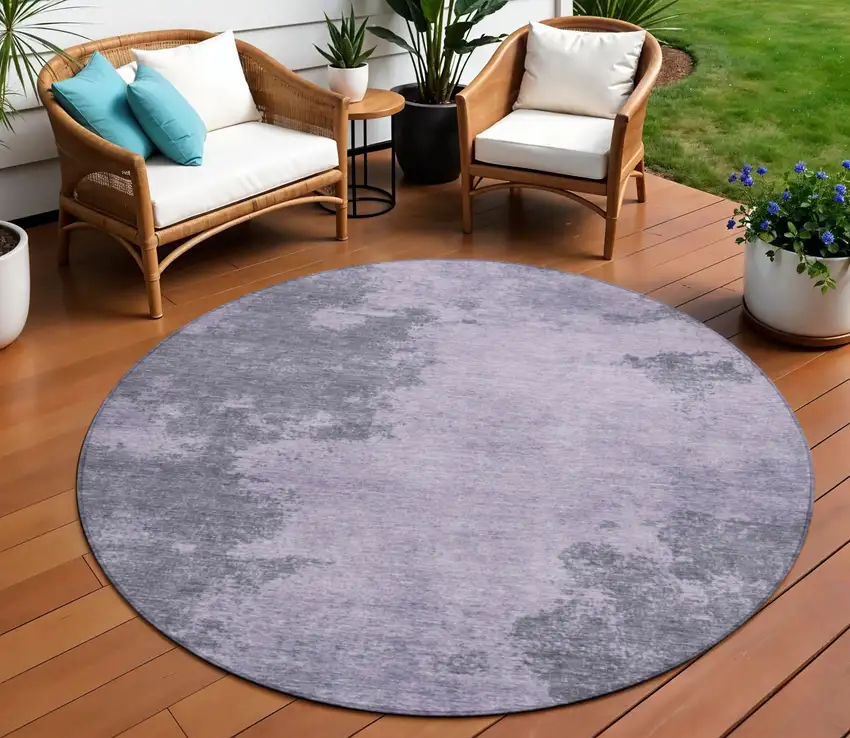 8' Purple And Gray Round Abstract Washable Indoor Outdoor Area Rug Photo 2