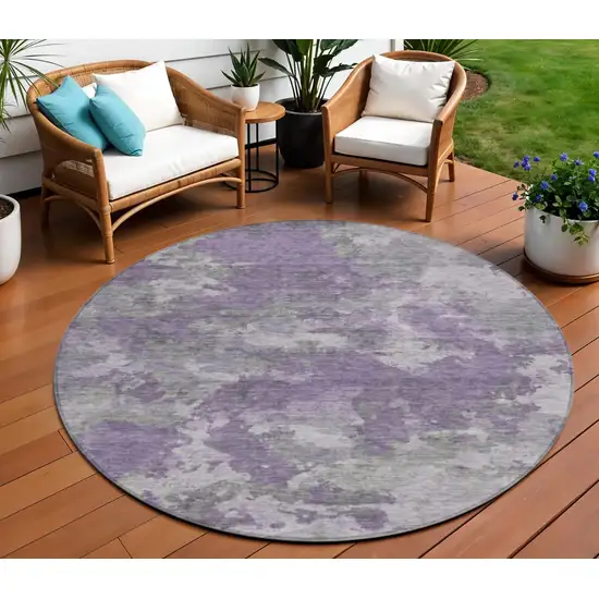 8' Purple And Gray Round Abstract Washable Indoor Outdoor Area Rug Photo 1