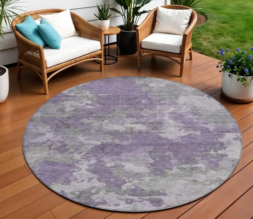 8' Purple And Gray Round Abstract Washable Indoor Outdoor Area Rug Photo 1