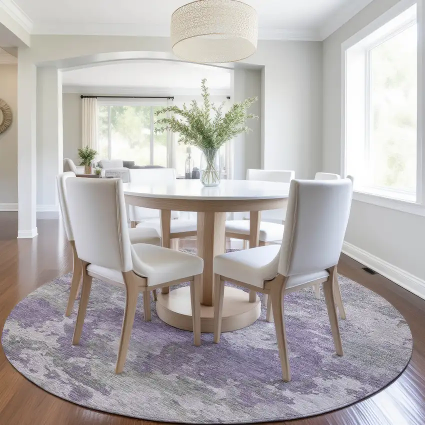 8' Purple And Gray Round Abstract Washable Indoor Outdoor Area Rug Photo 6