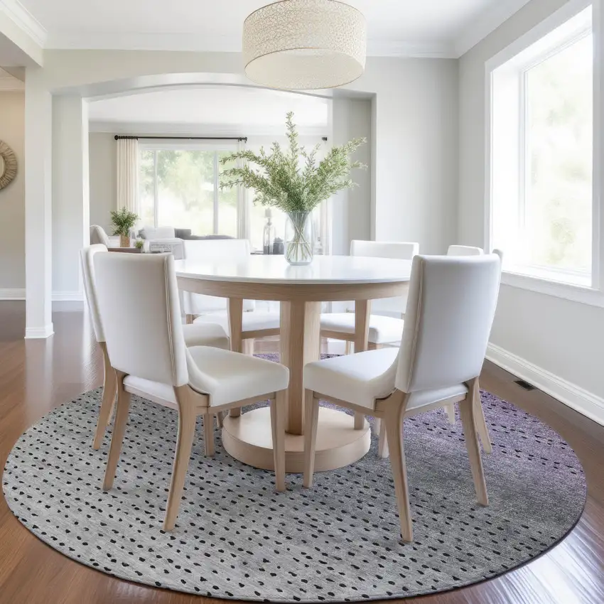 8' Purple And Gray Round Abstract Washable Indoor Outdoor Area Rug Photo 6