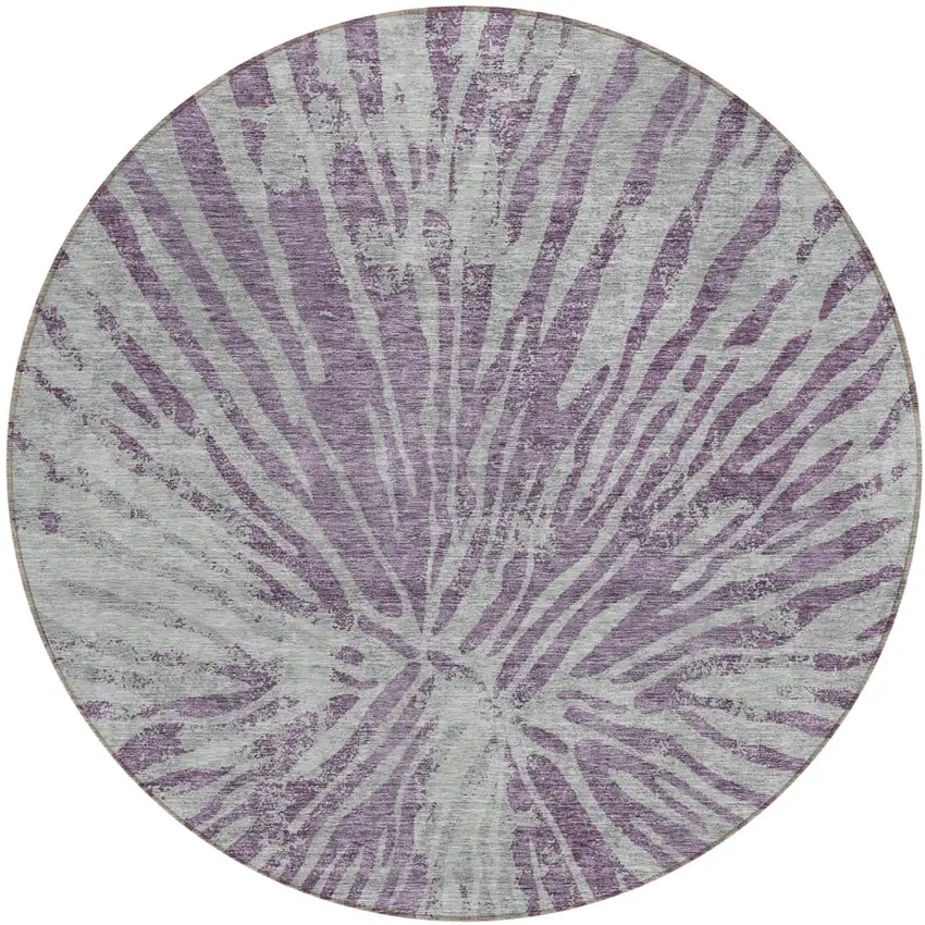 8' Purple And Gray Round Abstract Washable Indoor Outdoor Area Rug Photo 2