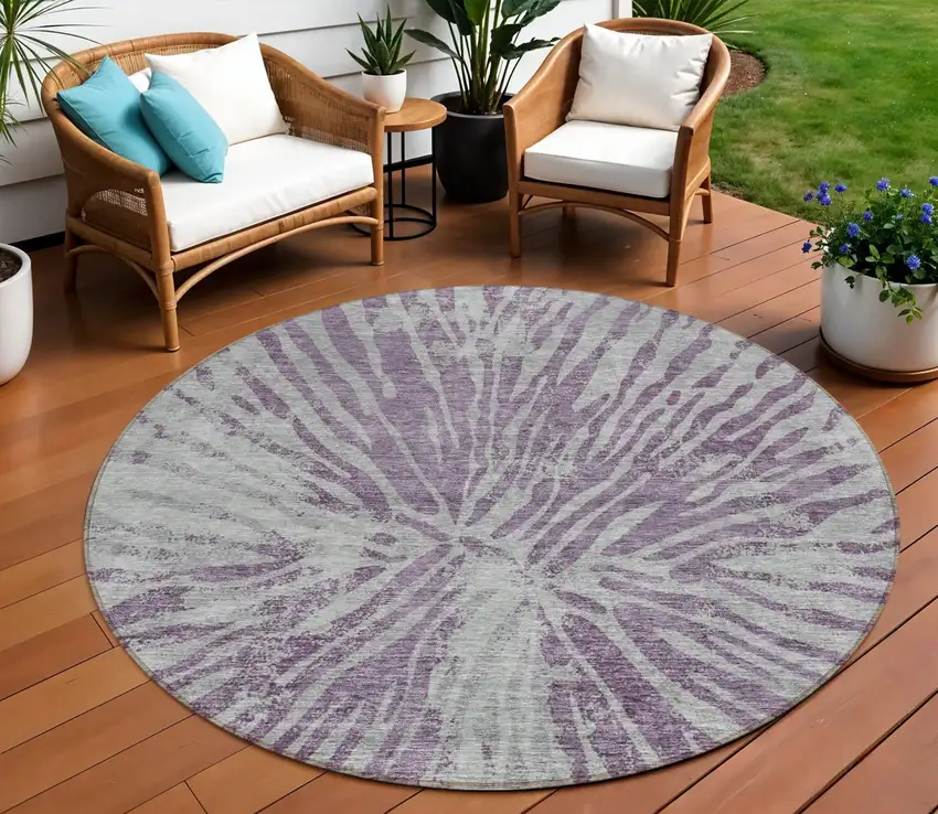 8' Purple And Gray Round Abstract Washable Indoor Outdoor Area Rug Photo 1