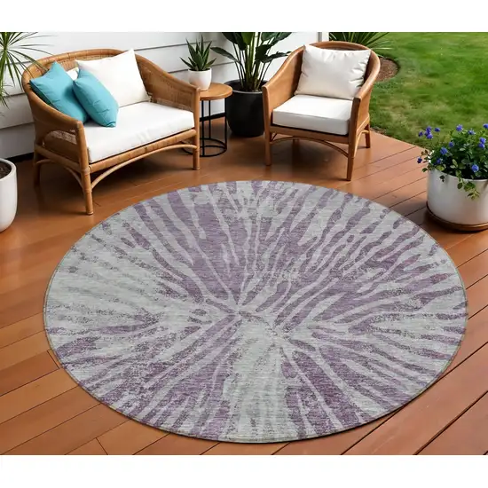 8' Purple And Gray Round Abstract Washable Indoor Outdoor Area Rug Photo 1