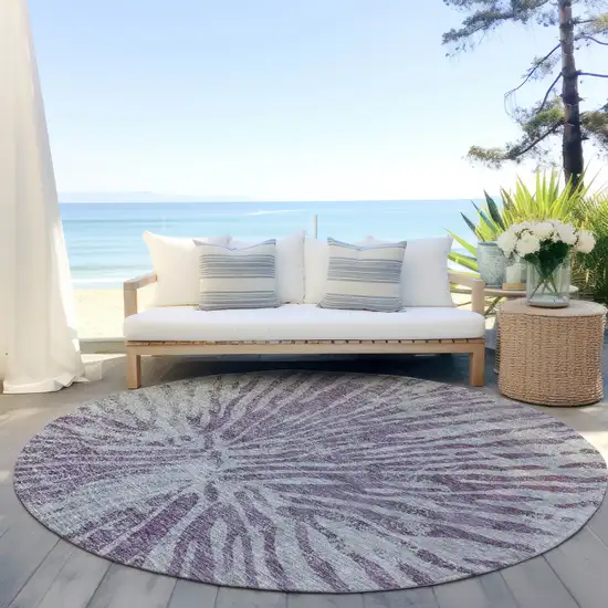 8' Purple And Gray Round Abstract Washable Indoor Outdoor Area Rug Photo 6