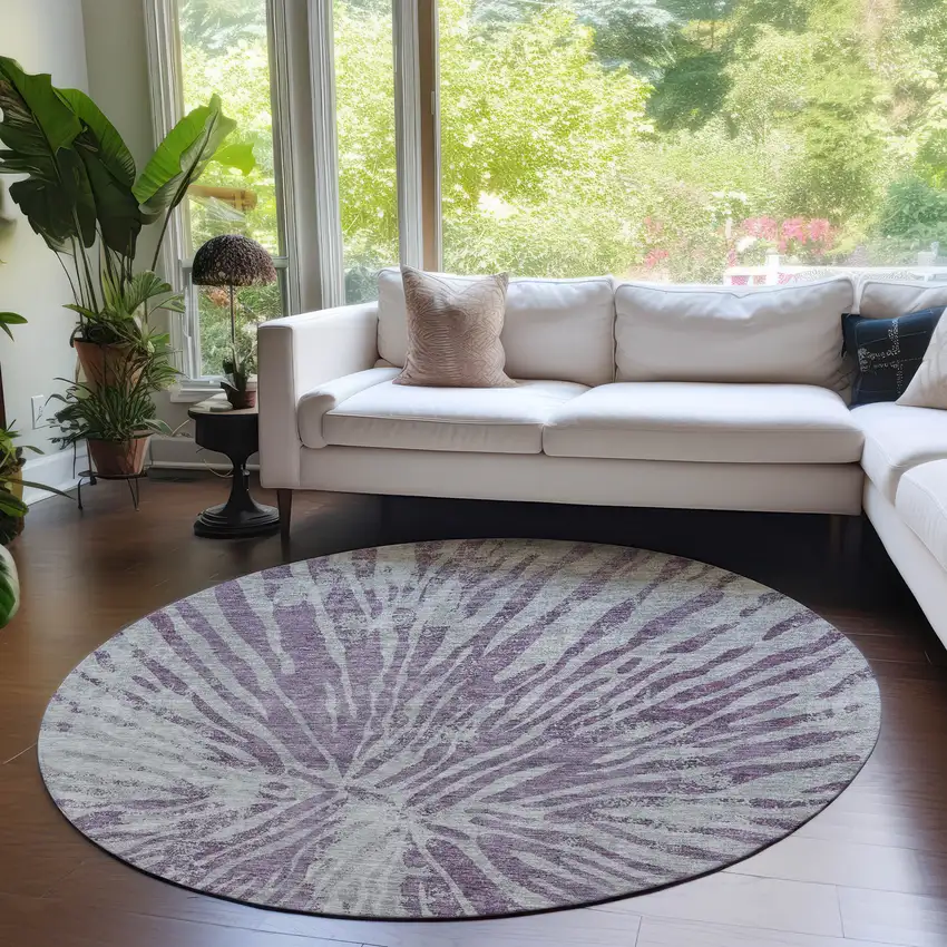 8' Purple And Gray Round Abstract Washable Indoor Outdoor Area Rug Photo 7