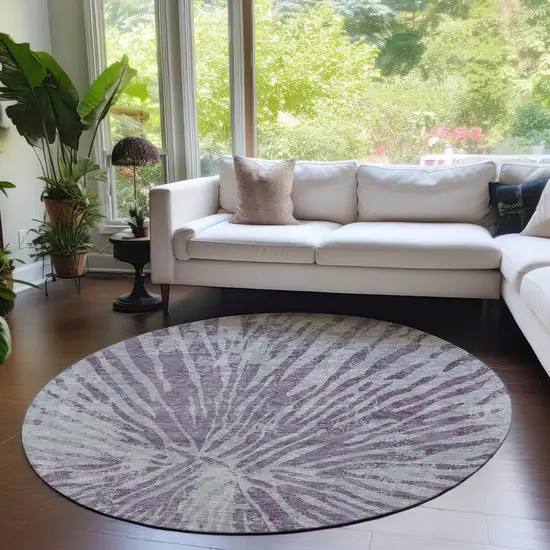 8' Purple And Gray Round Abstract Washable Indoor Outdoor Area Rug Photo 7