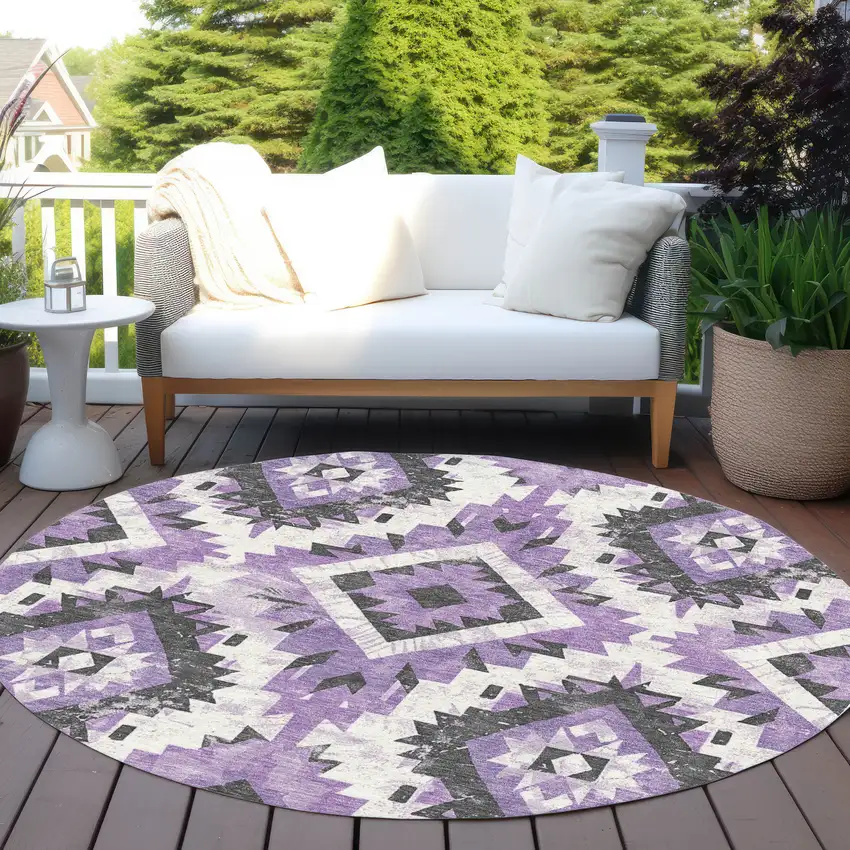 8' Purple And Gray Round Aztec Washable Indoor Outdoor Area Rug Photo 5