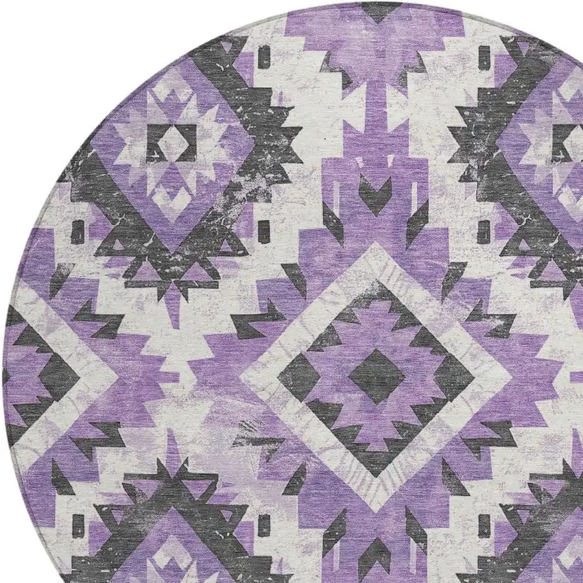 8' Purple And Gray Round Aztec Washable Indoor Outdoor Area Rug Photo 4