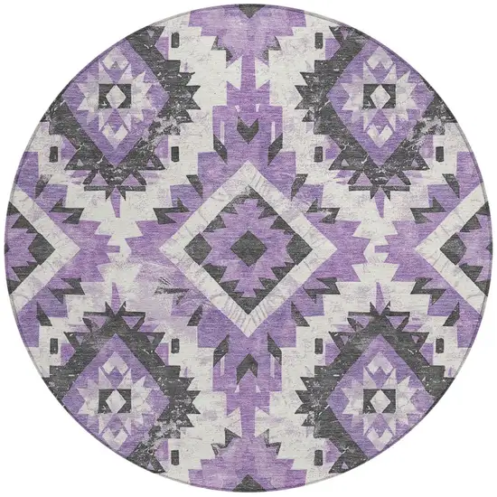 8' Purple And Gray Round Aztec Washable Indoor Outdoor Area Rug Photo 3