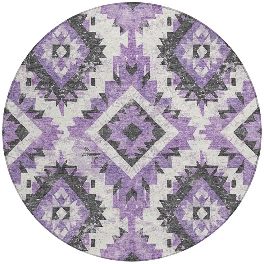 8' Purple And Gray Round Aztec Washable Indoor Outdoor Area Rug Photo 3