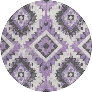 Photo of 8' Purple And Gray Round Aztec Washable Indoor Outdoor Area Rug