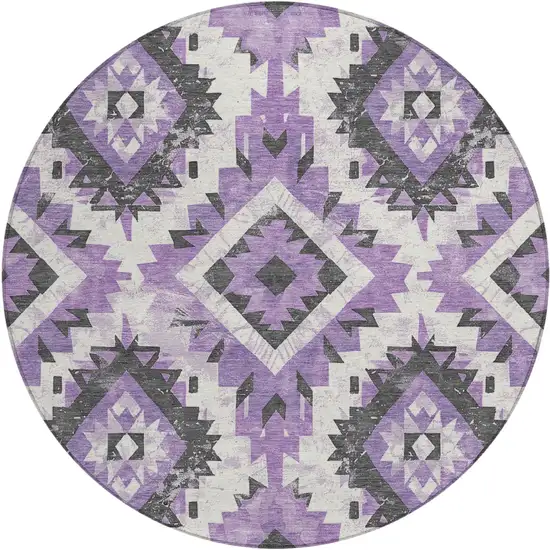 8' Purple And Gray Round Aztec Washable Indoor Outdoor Area Rug Photo 1