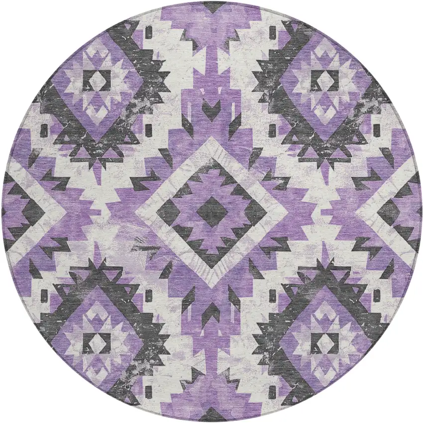 8' Purple And Gray Round Aztec Washable Indoor Outdoor Area Rug Photo 1