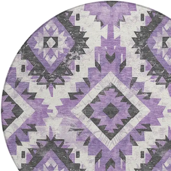 8' Purple And Gray Round Aztec Washable Indoor Outdoor Area Rug Photo 7