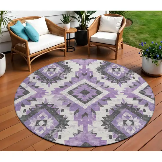 8' Purple And Gray Round Aztec Washable Indoor Outdoor Area Rug Photo 2