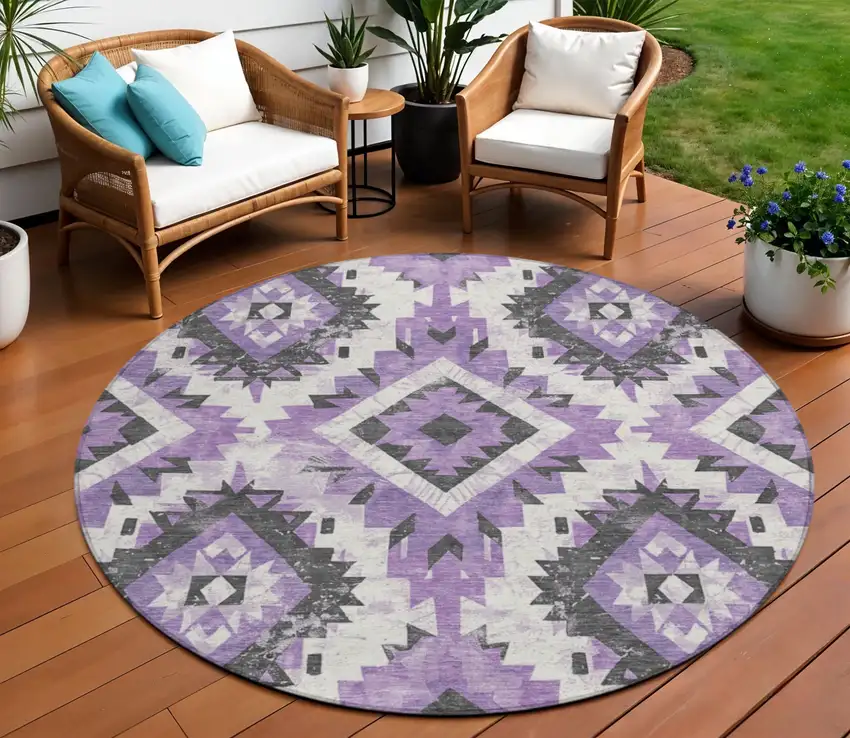 8' Purple And Gray Round Aztec Washable Indoor Outdoor Area Rug Photo 2