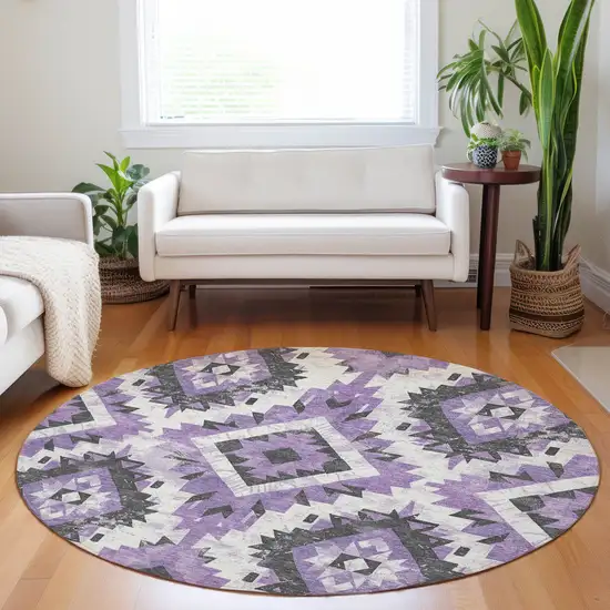 8' Purple And Gray Round Aztec Washable Indoor Outdoor Area Rug Photo 6