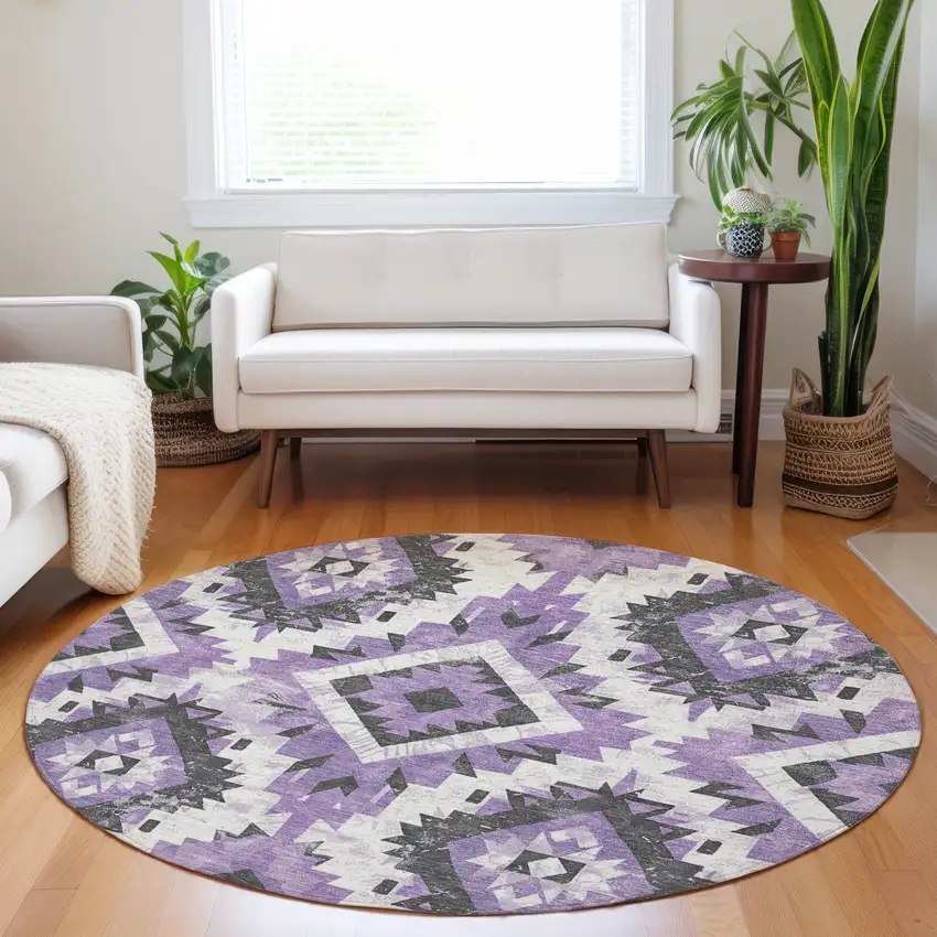 8' Purple And Gray Round Aztec Washable Indoor Outdoor Area Rug Photo 6