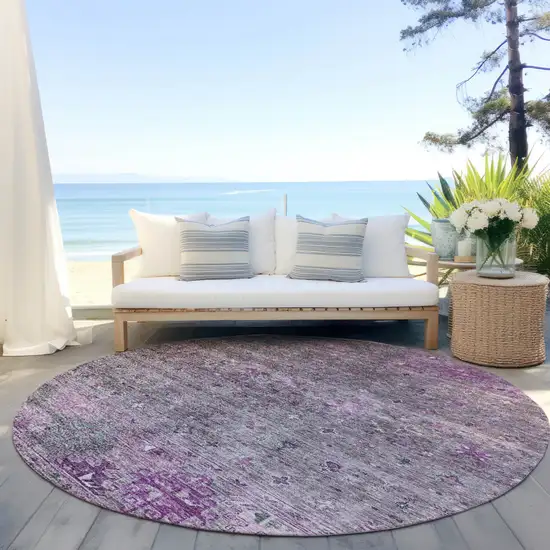 8' Purple And Gray Round Floral Washable Indoor Outdoor Area Rug Photo 6