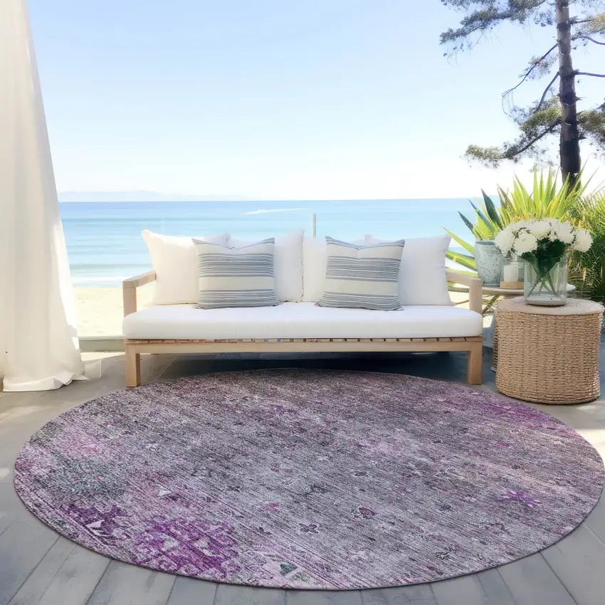 8' Purple And Gray Round Floral Washable Indoor Outdoor Area Rug Photo 6
