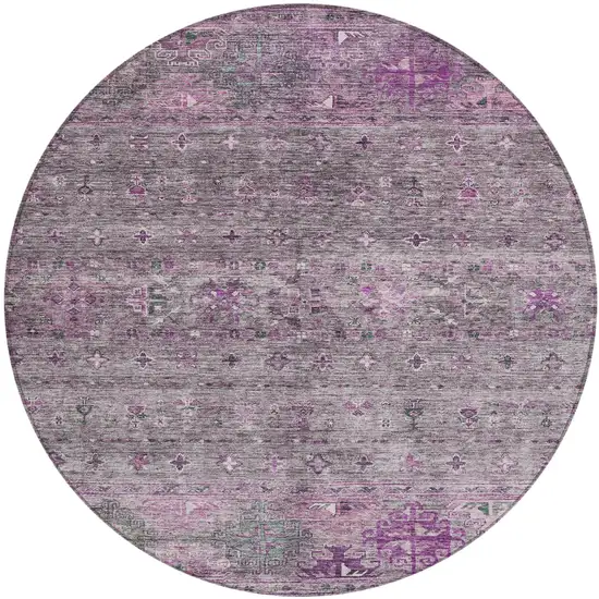 8' Purple And Gray Round Floral Washable Indoor Outdoor Area Rug Photo 2