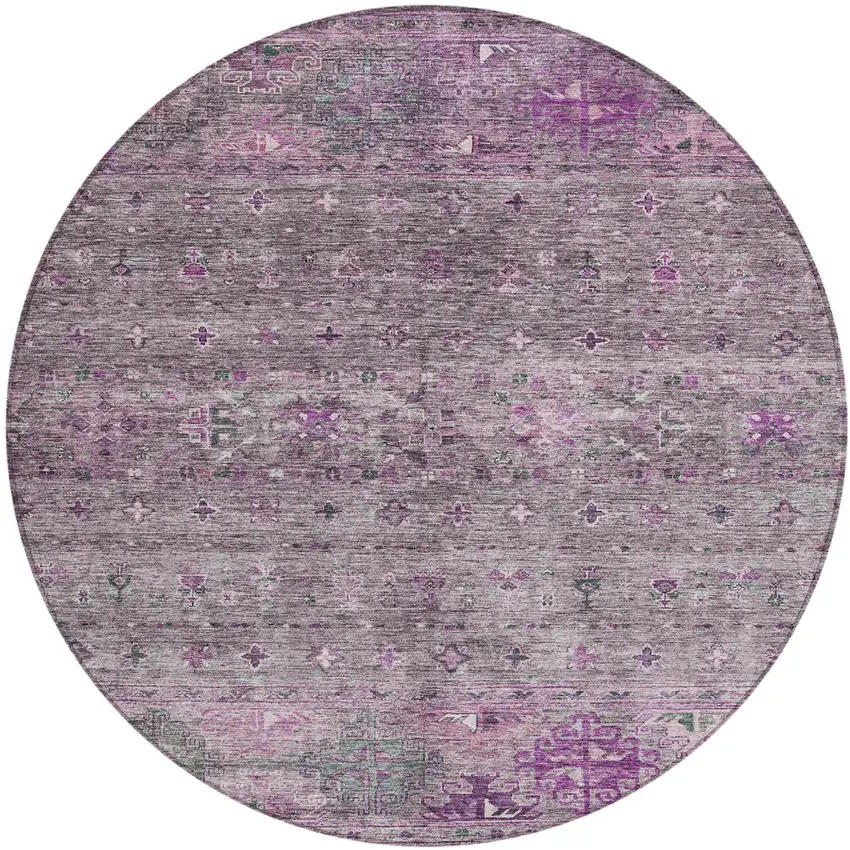 8' Purple And Gray Round Floral Washable Indoor Outdoor Area Rug Photo 2