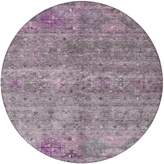 8' Purple And Gray Round Floral Washable Indoor Outdoor Area Rug Photo 4