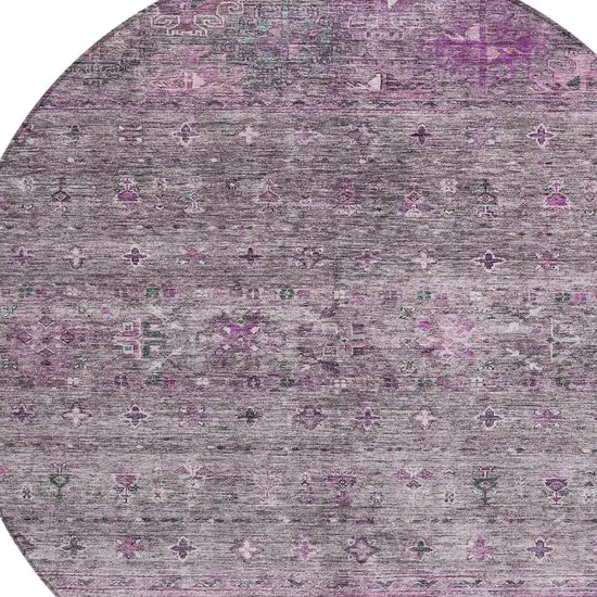 8' Purple And Gray Round Floral Washable Indoor Outdoor Area Rug Photo 5