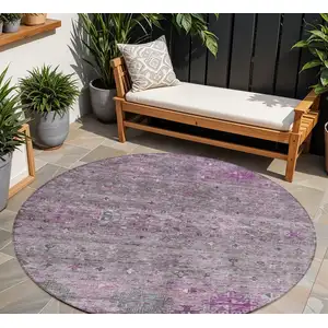 Photo of 8' Purple And Gray Round Floral Washable Indoor Outdoor Area Rug