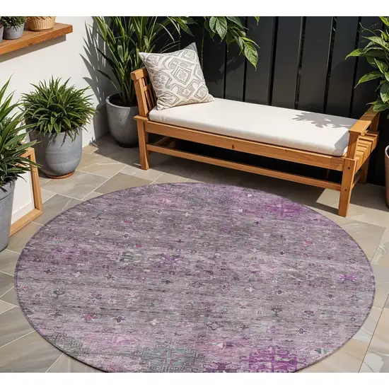 8' Purple And Gray Round Floral Washable Indoor Outdoor Area Rug Photo 1