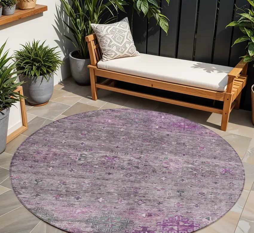 8' Purple And Gray Round Floral Washable Indoor Outdoor Area Rug Photo 1